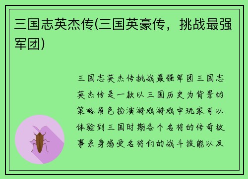 三国志英杰传(三国英豪传，挑战最强军团)